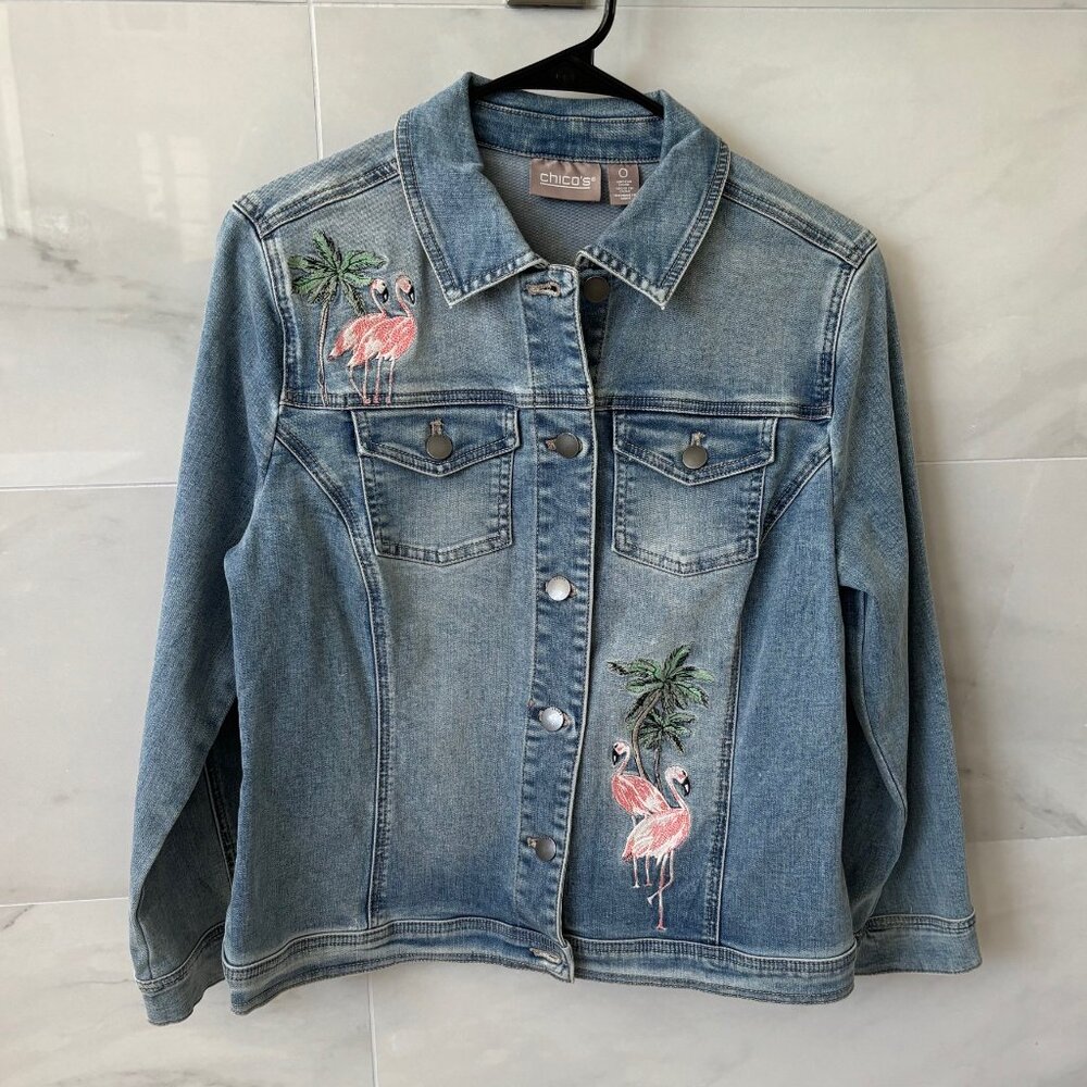 Chico’s Flamingo Embroidered Denim Jacket - Size 0